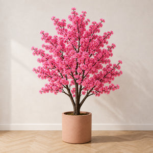 Cerisier en fleurs artificiel 180 cm à fleurs rose vif, dans un pot en terre cuite claire, sur un parquet en chêne à bâtons rompus