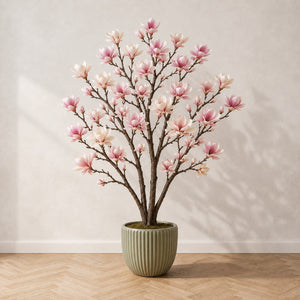 Magnolia artificiel 170 cm à grandes fleurs rose et crème, dans un pot en grès cannelé, sur un parquet en chêne à bâtons rompus