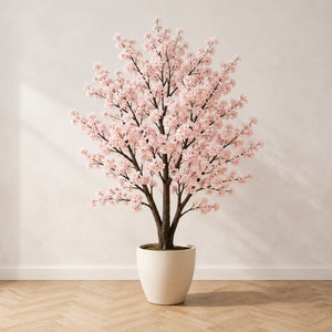 Cerisier en fleurs artificiel 150 cm à fleurs rose pâle, dans un pot en céramique crème, sur un parquet en chêne à bâtons rompus