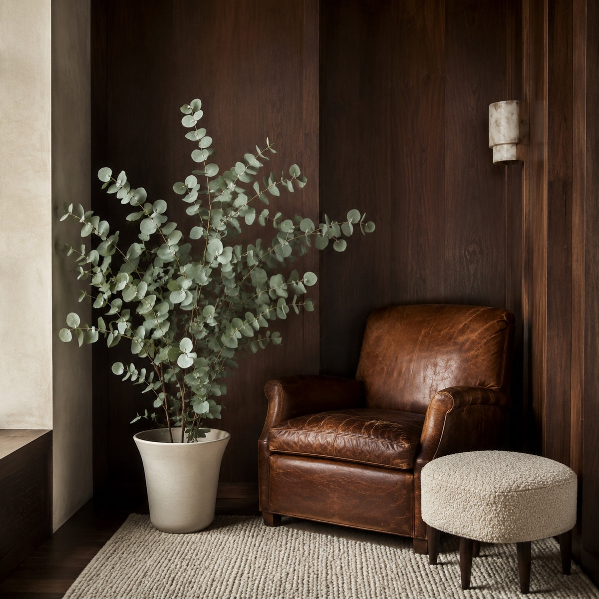 Eucalyptus artificiel 130 cm dans un coin lecture lambrissé, à côté d'un fauteuil en cuir patiné