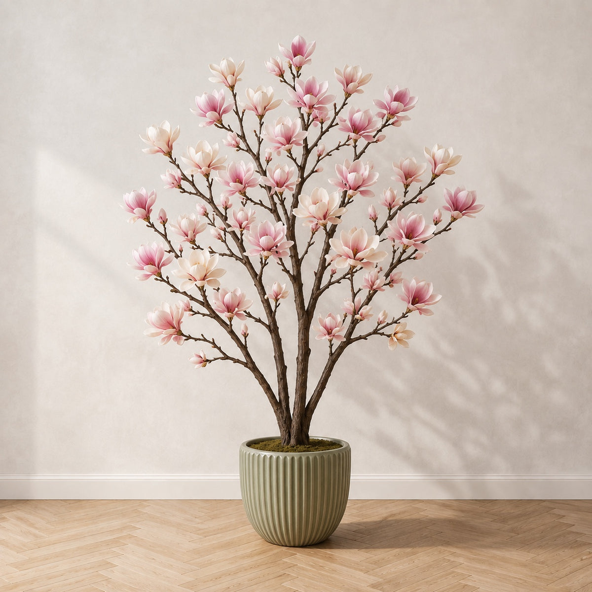 Magnolia artificiel 170 cm à grandes fleurs rose et crème, dans un pot en grès cannelé, sur un parquet en chêne à bâtons rompus