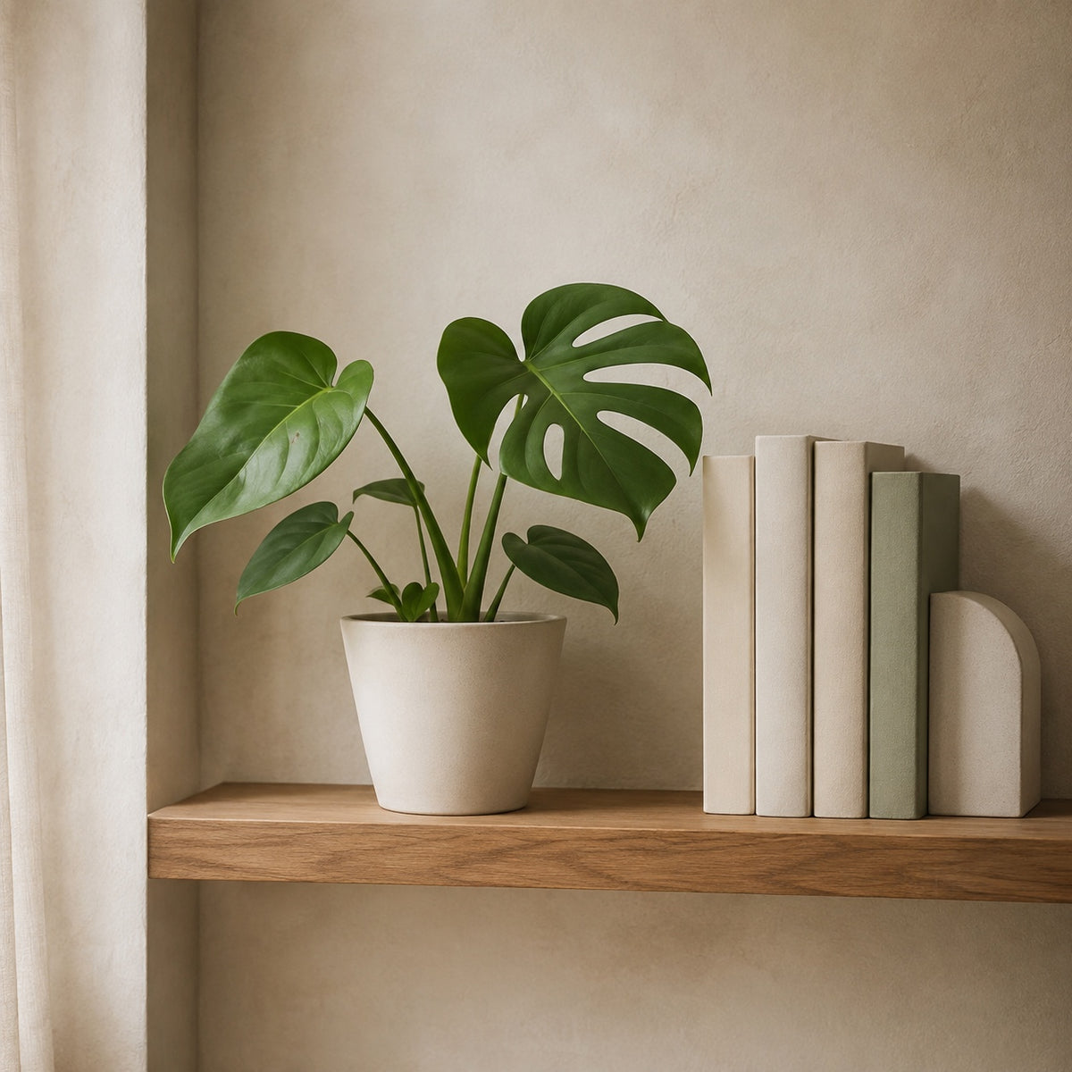 Monstera artificielle 60 cm posée sur une étagère murale en chêne, à côté de livres