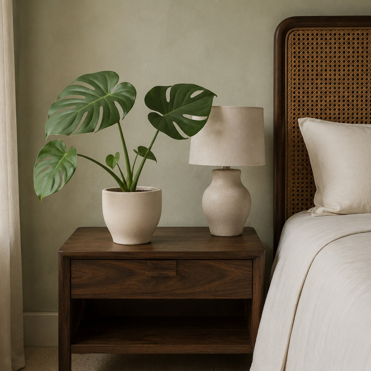 Monstera artificielle 60 cm sur une table de chevet en bois, à côté d'une lampe éteinte