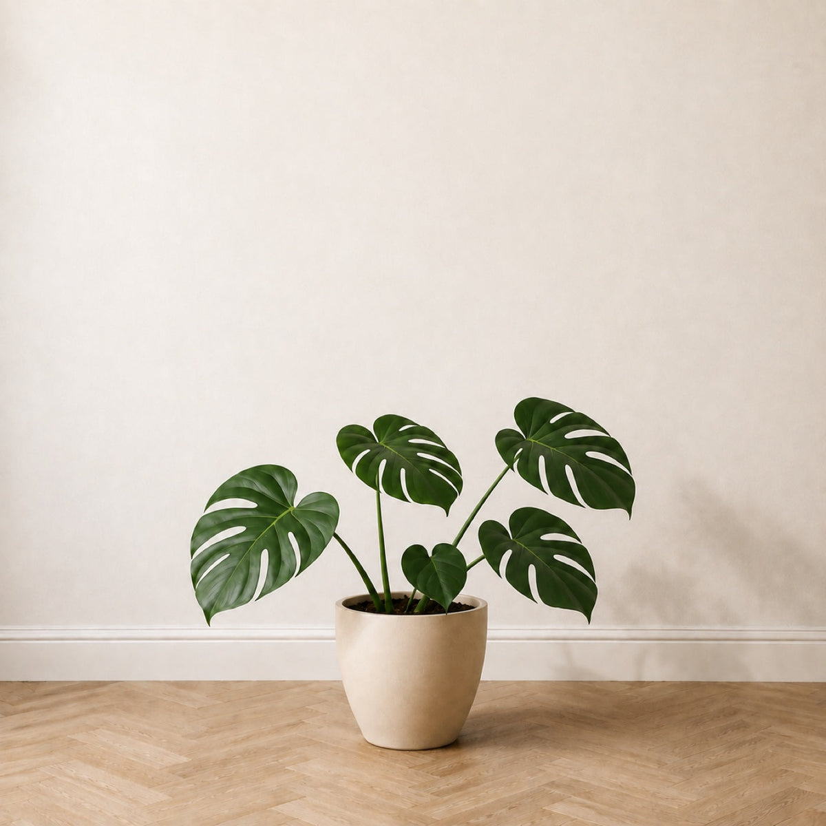 Monstera artificielle 60 cm dans un pot en céramique crème, sur un parquet en chêne à bâtons rompus